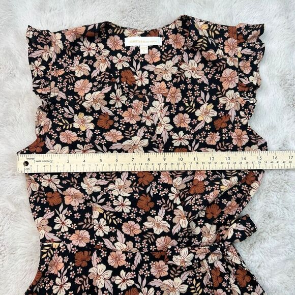 Monteau Los Angles Peplum Top Womens Small Brown Fall Floral Faux Wrap Vneck - Picture 4 of 8